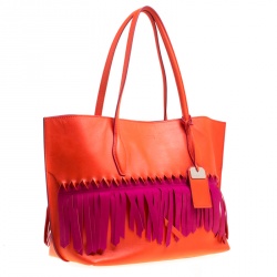 Pre Owned Tod's Coral Red/Fuchsia Pink Leather Origami Fringe Shopping Tote