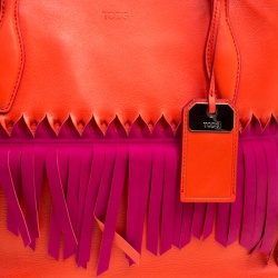 Pre Owned Tod's Coral Red/Fuchsia Pink Leather Origami Fringe Shopping Tote