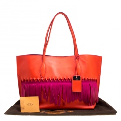 Pre Owned Tod's Coral Red/Fuchsia Pink Leather Origami Fringe Shopping Tote