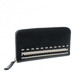 Pre Owned Tod's Black/White Woven Detail Leather Zip Around Wallet