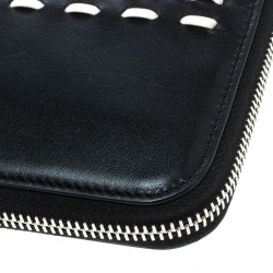 Pre Owned Tod's Black/White Woven Detail Leather Zip Around Wallet