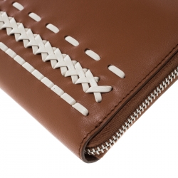Pre Owned Tod's Brown/White Leather Woven Detail Zip Around Continental Wallet