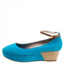 Pre Owned Tod's Blue Suede Ankle Strap Platform Wedge Pumps Size 39.5