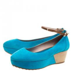 Pre Owned Tod's Blue Suede Ankle Strap Platform Wedge Pumps Size 39.5