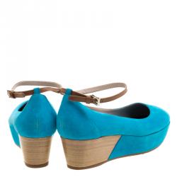 Pre Owned Tod's Blue Suede Ankle Strap Platform Wedge Pumps Size 39.5