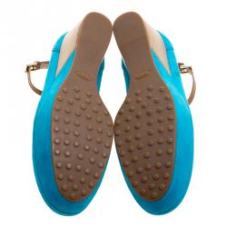 Pre Owned Tod's Blue Suede Ankle Strap Platform Wedge Pumps Size 39.5