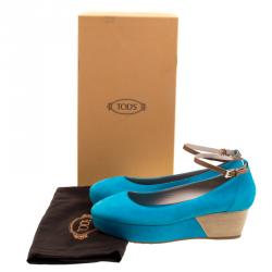 Pre Owned Tod's Blue Suede Ankle Strap Platform Wedge Pumps Size 39.5
