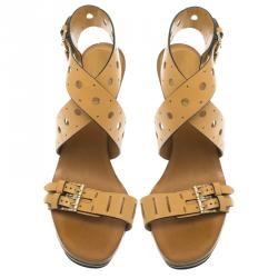 Pre Owned Tod's Brown Leather Cut Out Criss Cross Ankle Strap Platform Heel Sandals Size 39.5