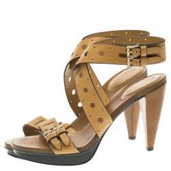 Pre Owned Tod's Brown Leather Cut Out Criss Cross Ankle Strap Platform Heel Sandals Size 39.5