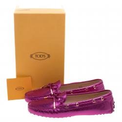 Pre Owned Tod's Pink Metallic Leather Bow Loafers Size 40