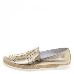 Pre Owned Tod's Metallic Light Gold Laser Cut Leather Espadrille Slip On Sneakers Size 41