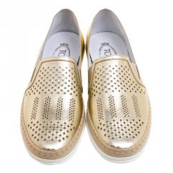 Pre Owned Tod's Metallic Light Gold Laser Cut Leather Espadrille Slip On Sneakers Size 41