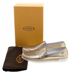 Pre Owned Tod's Metallic Light Gold Laser Cut Leather Espadrille Slip On Sneakers Size 41