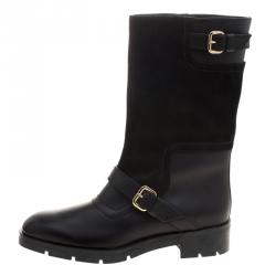 Pre Owned Tod's Black Leather and Suede Fibbie Mid Calf Biker Boots Size 39