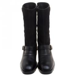 Pre Owned Tod's Black Leather and Suede Fibbie Mid Calf Biker Boots Size 39