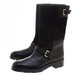 Pre Owned Tod's Black Leather and Suede Fibbie Mid Calf Biker Boots Size 39