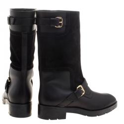 Pre Owned Tod's Black Leather and Suede Fibbie Mid Calf Biker Boots Size 39