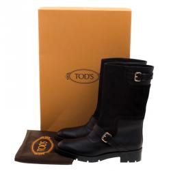Pre Owned Tod's Black Leather and Suede Fibbie Mid Calf Biker Boots Size 39