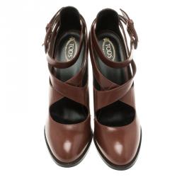 مملوكة مسبقًا Tod's Brown Leather Cross Strap Pumps Size 38.5