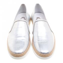 Pre Owned Tod's Metallic Silver Leather Pantofola Espadrille Slip On Sneakers Size 40