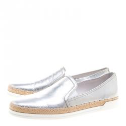 Pre Owned Tod's Metallic Silver Leather Pantofola Espadrille Slip On Sneakers Size 40
