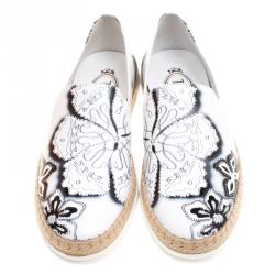 Pre Owned Tod's Monochrome Floral Printed Leather Espadrille Slip On Sneakers Size 36.5