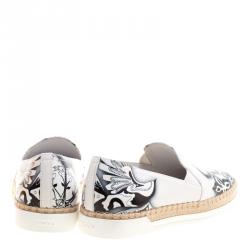 Pre Owned Tod's Monochrome Floral Printed Leather Espadrille Slip On Sneakers Size 36.5