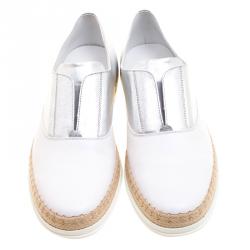 Pre Owned Tod's Metallic Silver and White Leather Francesina Espadrille Slip On Sneakers Size 37.5