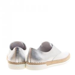 Pre Owned Tod's Metallic Silver and White Leather Francesina Espadrille Slip On Sneakers Size 37.5