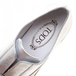 Pre Owned Tod's Metallic Silver and White Leather Francesina Espadrille Slip On Sneakers Size 37.5
