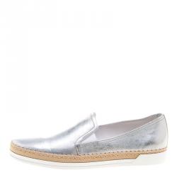 Pre Owned Tod's Metallic Silver Leather Pantofola Espadrille Slip On Sneakers Size 39.5