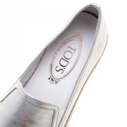 Pre Owned Tod's Metallic Silver Leather Pantofola Espadrille Slip On Sneakers Size 39.5