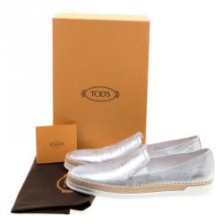 Pre Owned Tod's Metallic Silver Leather Pantofola Espadrille Slip On Sneakers Size 39.5