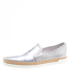 Pre Owned Tod's Metallic Silver Leather Pantofola Espadrille Slip On Sneakers Size 39