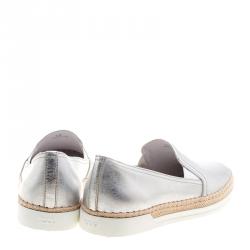 Pre Owned Tod's Metallic Silver Leather Pantofola Espadrille Slip On Sneakers Size 39