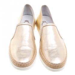 Pre Owned Tod's Metallic Gold Leather Pantofola Espadrille Slip On Sneakers Size 40.5