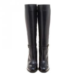 Pre Owned Tod's Black Leather Block Heel Buckle Tall Boots Size 40