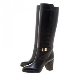 Pre Owned Tod's Black Leather Block Heel Buckle Tall Boots Size 40