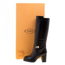Pre Owned Tod's Black Leather Block Heel Buckle Tall Boots Size 40