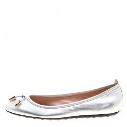 Pre Owned Tod's Metallic Silver Leather Studded Ballet Flats Size 39.5