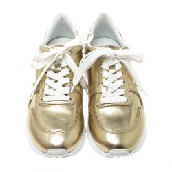 Pre Owned Tod's Metallic Gold Leather Allaciata Studded Sneakers Size 39