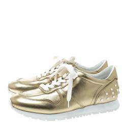 Pre Owned Tod's Metallic Gold Leather Allaciata Studded Sneakers Size 39