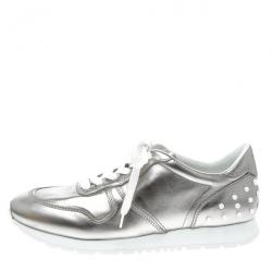 Pre Owned Tod's Metallic Silver Leather Allaciata Studded Sneakers Size 39.5
