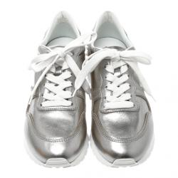 Pre Owned Tod's Metallic Silver Leather Allaciata Studded Sneakers Size 39.5