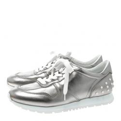 Pre Owned Tod's Metallic Silver Leather Allaciata Studded Sneakers Size 39.5