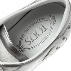 Pre Owned Tod's Metallic Silver Leather Allaciata Studded Sneakers Size 39.5