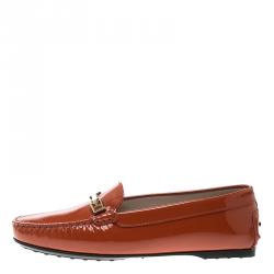 Pre Owned Tod's Orange Patent Leather Horsebit Loafers Size 38.5