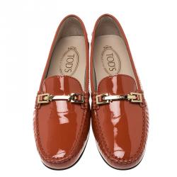 Pre Owned Tod's Orange Patent Leather Horsebit Loafers Size 38.5