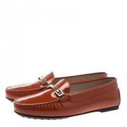 Pre Owned Tod's Orange Patent Leather Horsebit Loafers Size 38.5