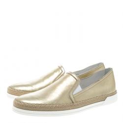 Pre Owned Tod's Metallic Gold Leather Pantofola Espadrille Slip On Sneakers Size 37.5